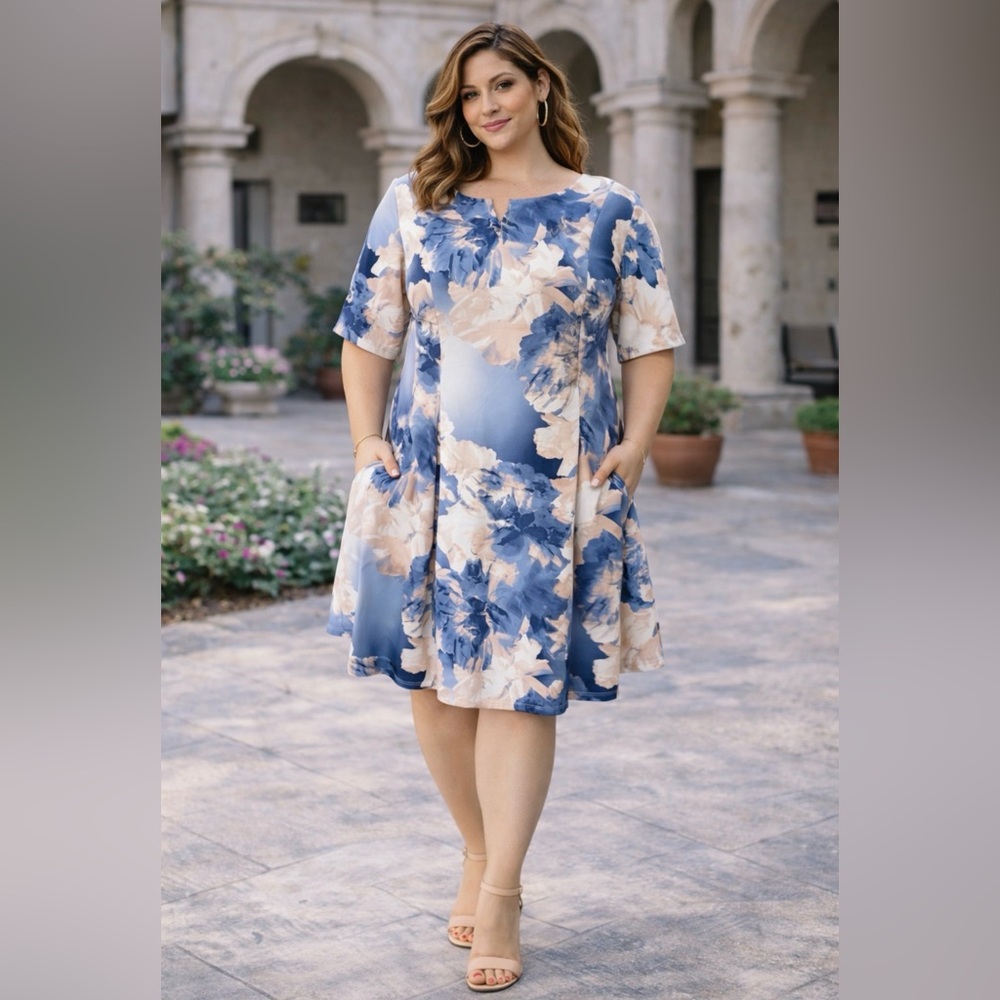 Tiana B Dress Pink Blue White 14W 14 W Short Sleeve Stretch Floral Dress NEW
